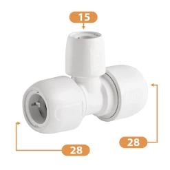 Hep2O Plastic Push-Fit Double End Reduced Tee Fitting – 28mm X 28mm X 15mm -Professional Plumbing Tool Store 28x28x15